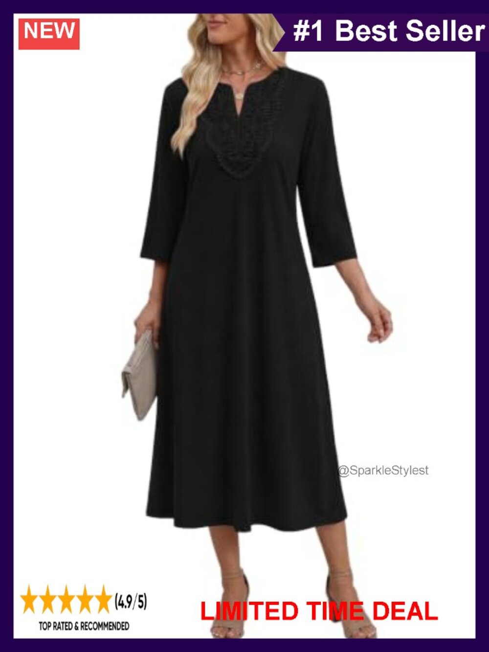 Women's 3/4 Sleeve Midi Dress V Neck Lace A-Line Casual Sundress Pockets
